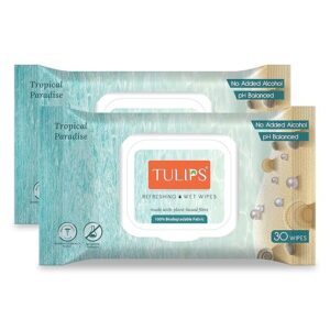 TURLIPS 0 Tulips Refreshing/Makeup Remover Wet Wipes made with Plant based Fibre, LID Pack (Tropical Paradise) (Pack of 2, 30 wipes each)