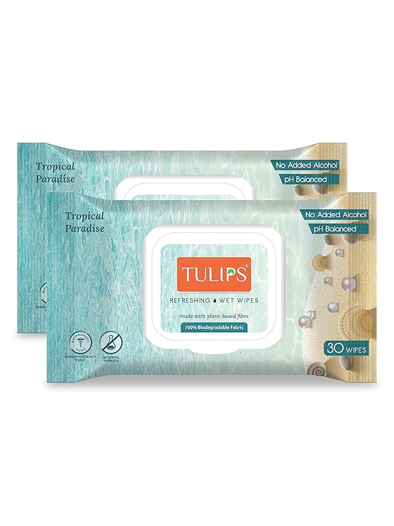 Tulips Refreshing/Makeup Remover Wet Wipes made with Plant based Fibre, LID Pack (Tropical Paradise) (Pack of 2, 30 wipes each)