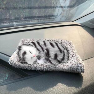 Cute Sleeping Cat Plush Toy with Meow Sound, Gift for Kids Car Dashboard Accessories (Stripped Black) (Black)